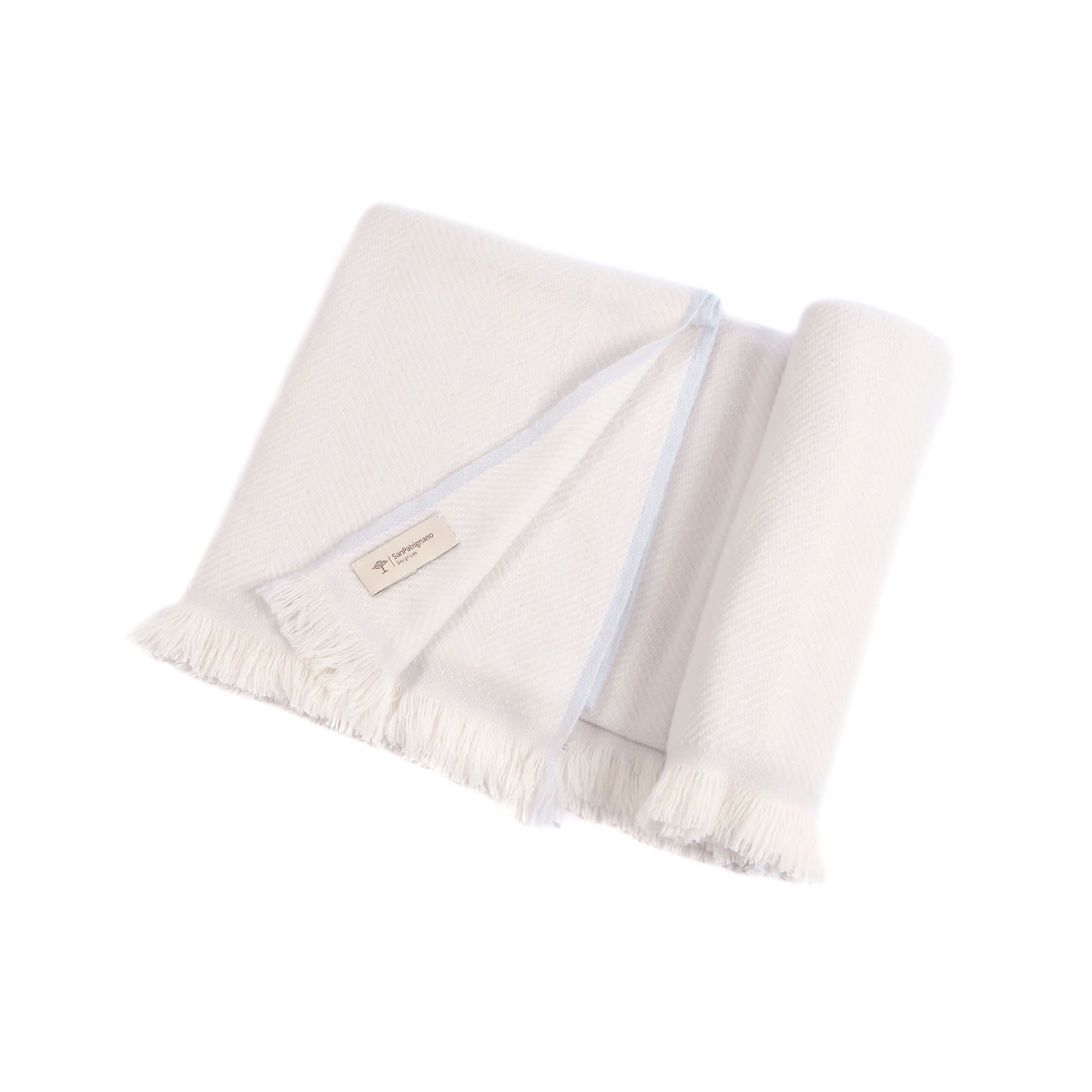 Coperta per neonati in 100% cashmere crema e blu baby con frange corte