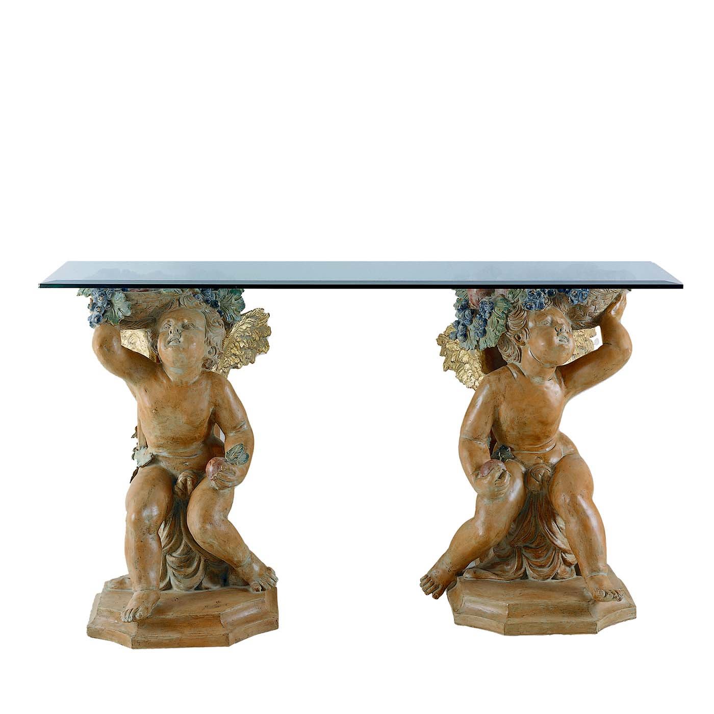 Set di due cherubini alati e sculture di frutta