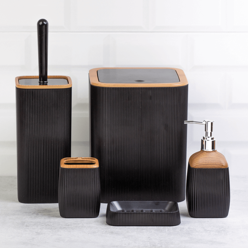 Set Accessori da Bagno Quadrato Rigato - Nero/Legno - Meda