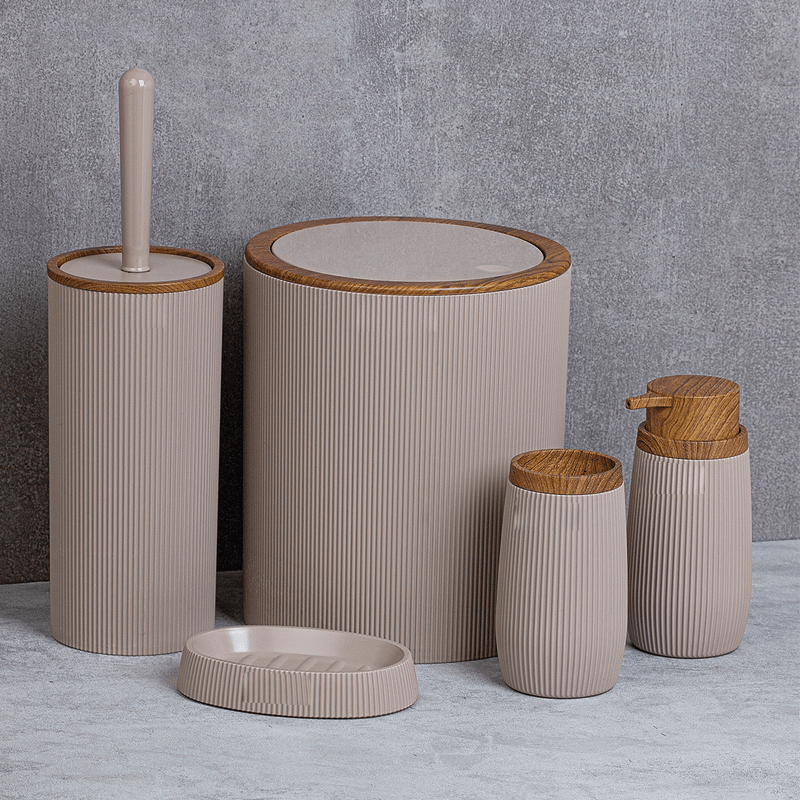 Set Accessori da Bagno Tondo Rigato Tortora/Legno - Meda