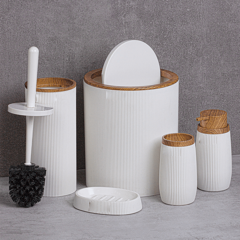 Set Accessori da Bagno Tondo Rigato Bianco/Legno - Meda