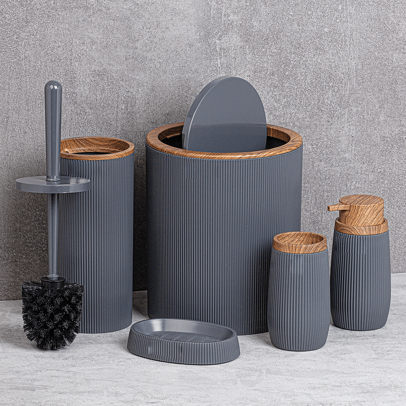 Set Accessori da Bagno Tondo Rigato Grigio/Legno - Meda