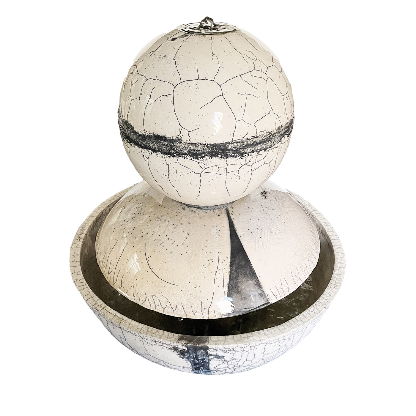 Fontana moderna Genesi Globe in ceramica bianca e nera con effetto craquelé