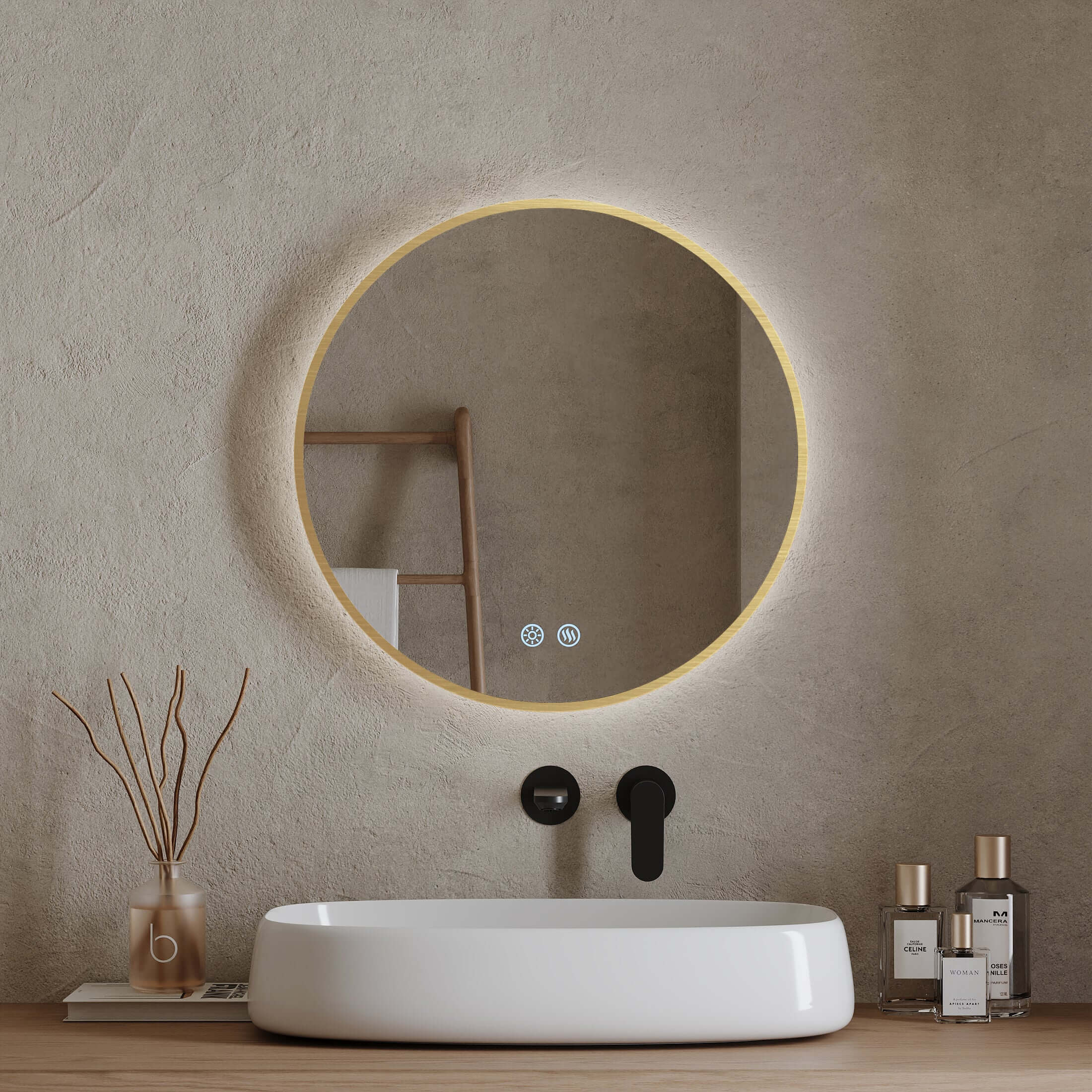 Specchio Tondo Retroilluminato Anti appannamento 60 cm Profilo Oro - Fiji