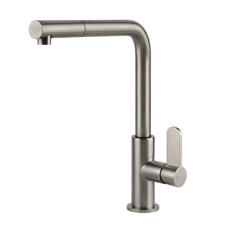 ACCIAIO Miscelatore monocomando con canna girevole e doccetta estraibile doppio getto, foro per miscelatore Ø33,5mm. Angolo di rotazione 360°, cartuccia Ø25 mm.-60537#239