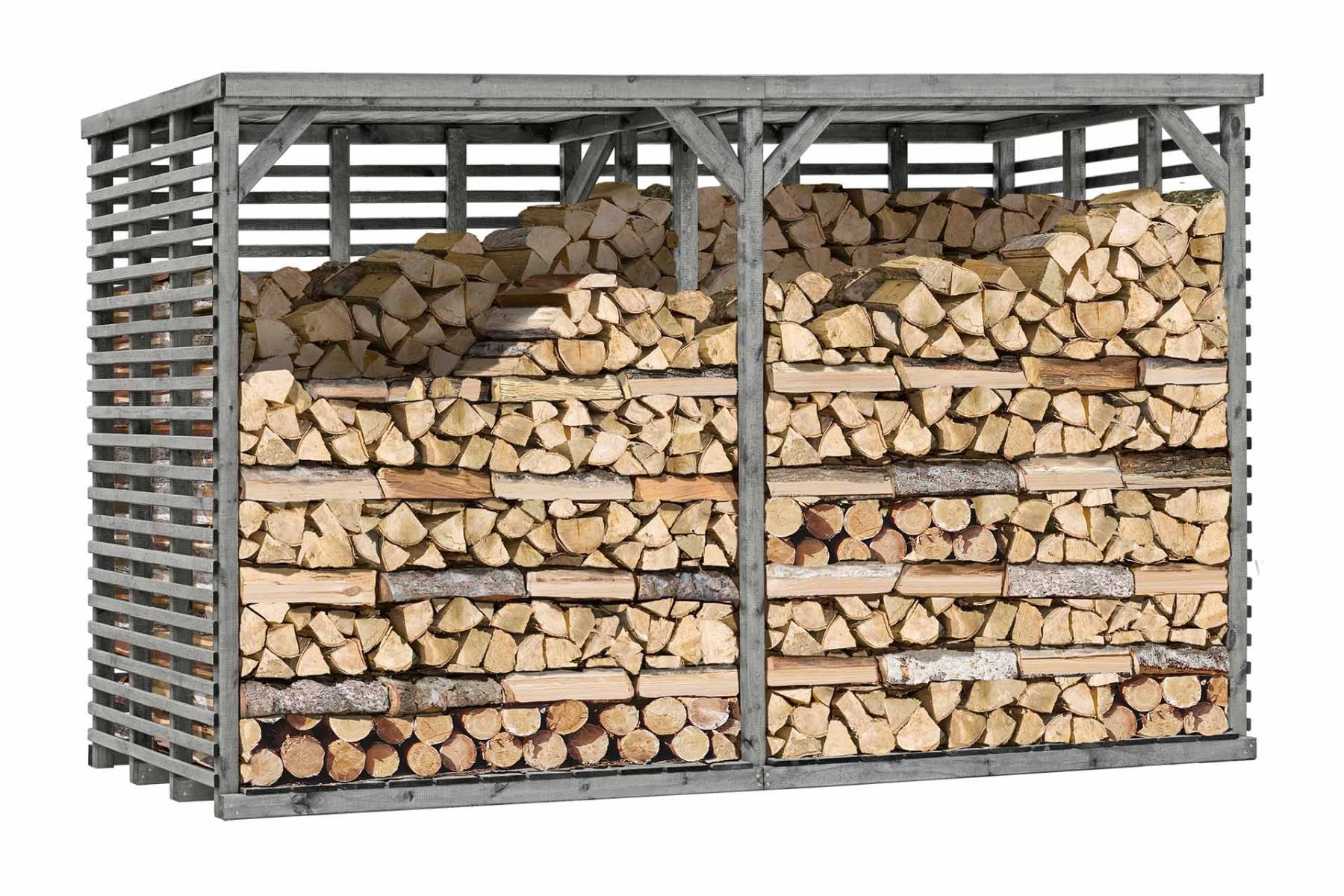 Rifugio grande per legna da ardere 07 con parete posteriore, colore: grigio - in pino, FSC® - dimensioni: 363 x 116 x 212 cm (L x P x A)