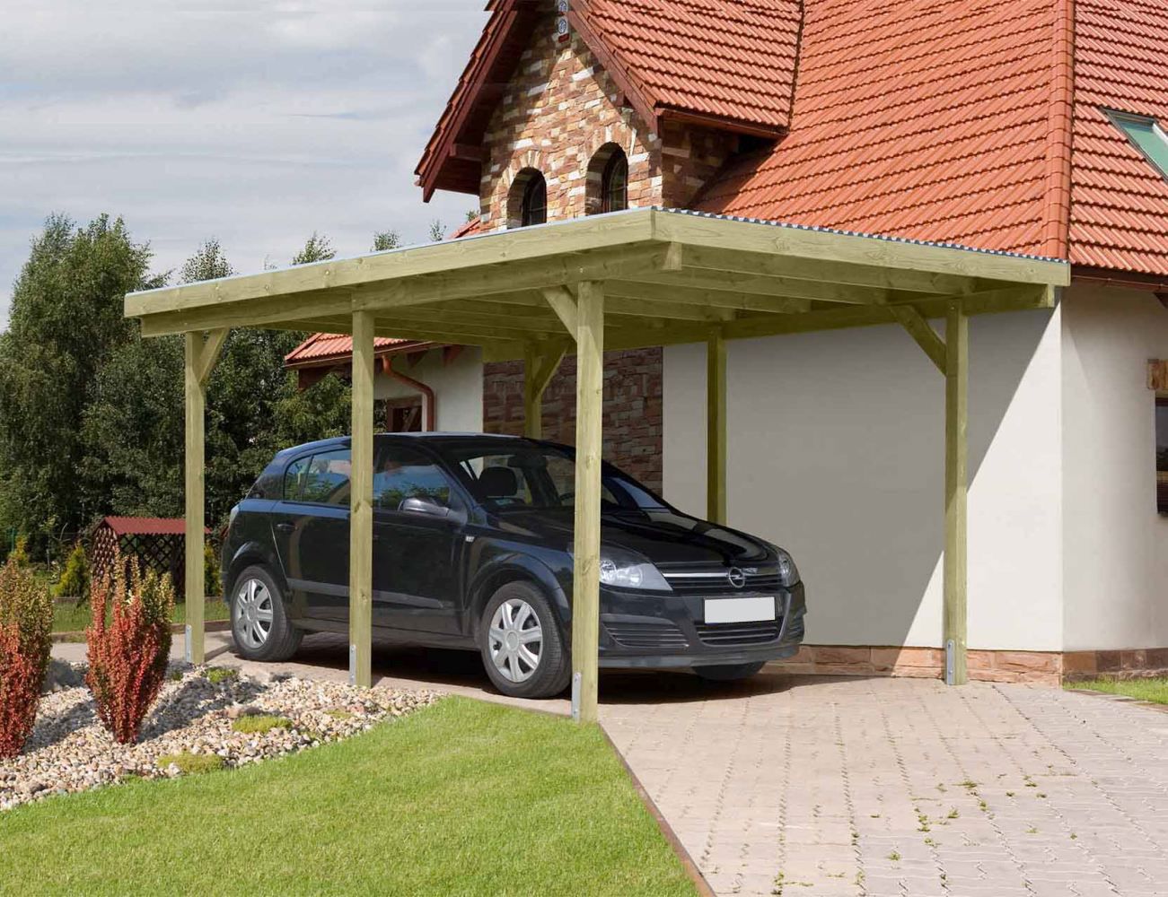 Pensilina singola 01, in legno di pino, impregnata a pressione di colore verde - Dimensioni esterne: 303 x 505 cm (L x P)