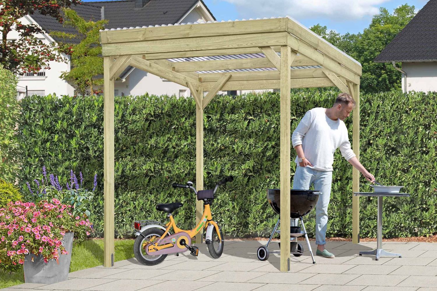 Pensilina in legno 01, in legno di pino, impregnato a pressione - Dimensioni esterne: 203 x 199 x 230 cm (L x P x A)