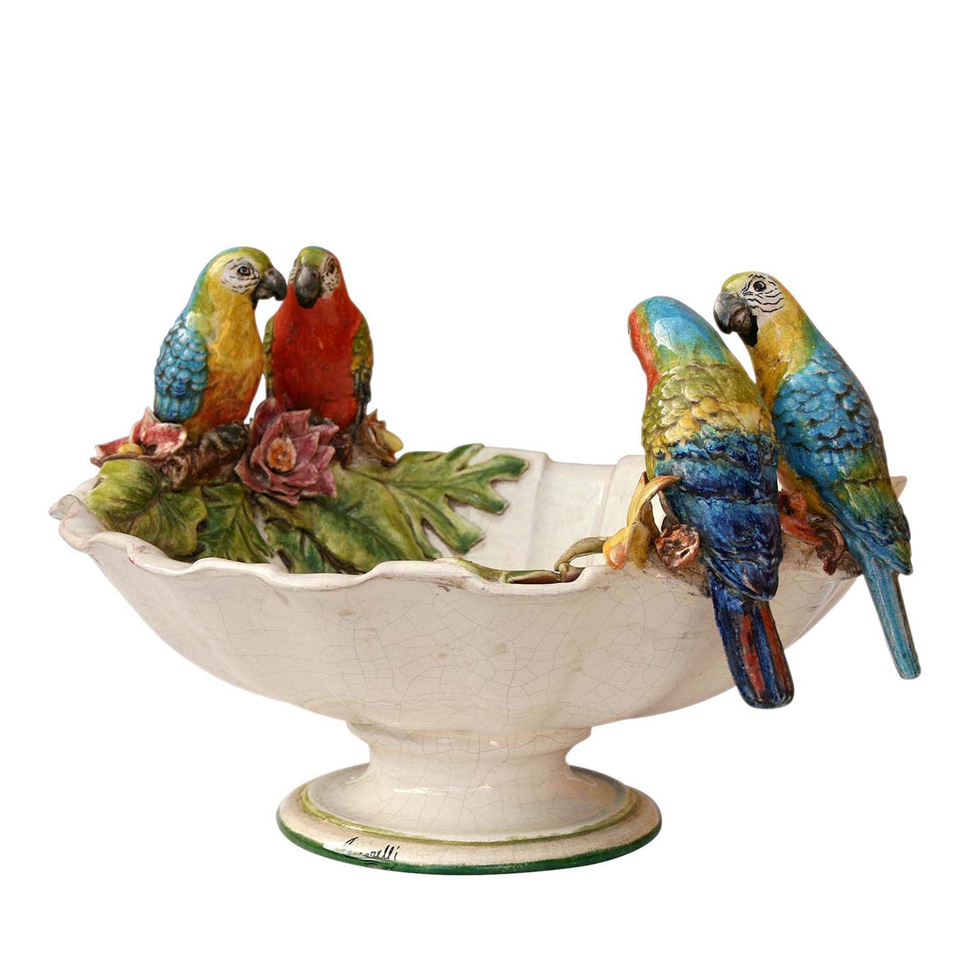 Centrotavola alto con pappagalli e fiori