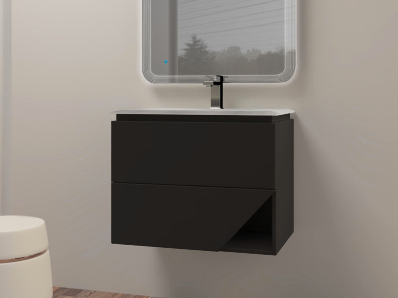 Mobile Bagno LUX L70 cm sospeso con 2 Cassetti e Lavabo Unitop in Resina - finitura Grafite Opaco-9019005