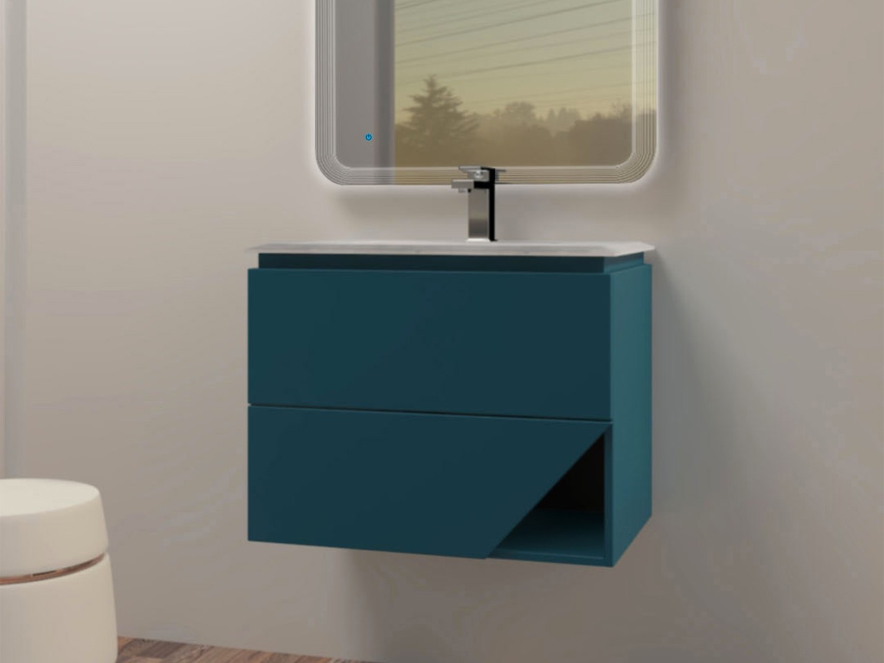 Mobile Bagno LUX L70 cm sospeso con 2 Cassetti e Lavabo Unitop in Resina - finitura Blu Petrolio Opaco-9019004