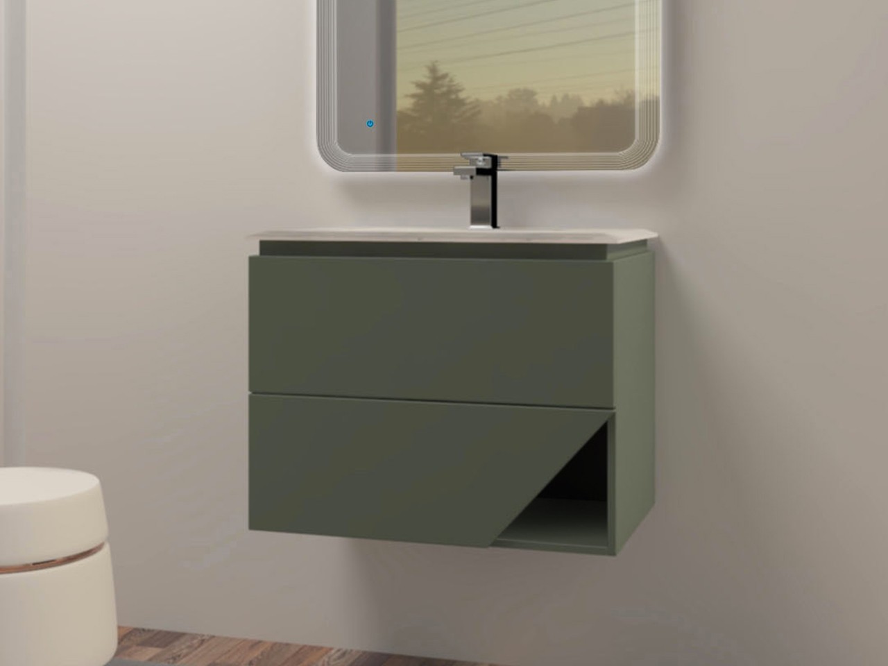 Mobile Bagno LUX L70 cm sospeso con 2 Cassetti e Lavabo Unitop in Resina - finitura Verde Opaco-9019007