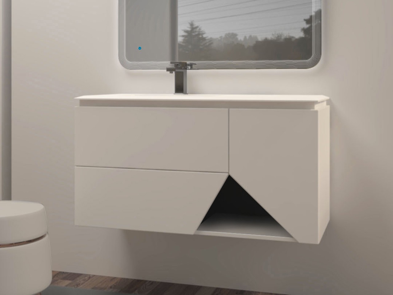 Mobile Bagno LUX L106 cm sospeso con 2 Cassetti, 1 Anta e Lavabo Unitop in Resina - finitura Bianco Opaco-9018983