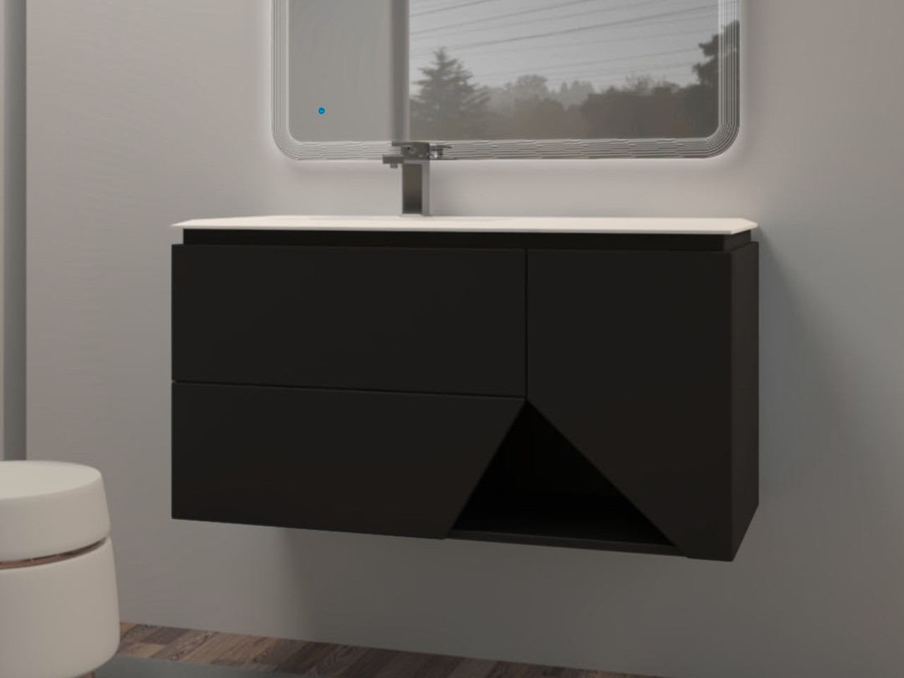 Mobile Bagno LUX L106 cm sospeso con 2 Cassetti, 1 Anta e Lavabo Unitop in Resina - finitura Grafite Opaco-9018985