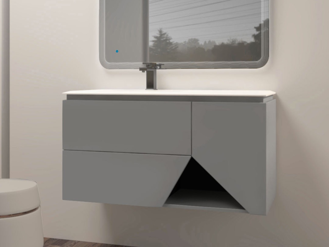 Mobile Bagno LUX L106 cm sospeso con 2 Cassetti, 1 Anta e Lavabo Unitop in Resina - finitura Grigio Nuvola Opaco-9018986