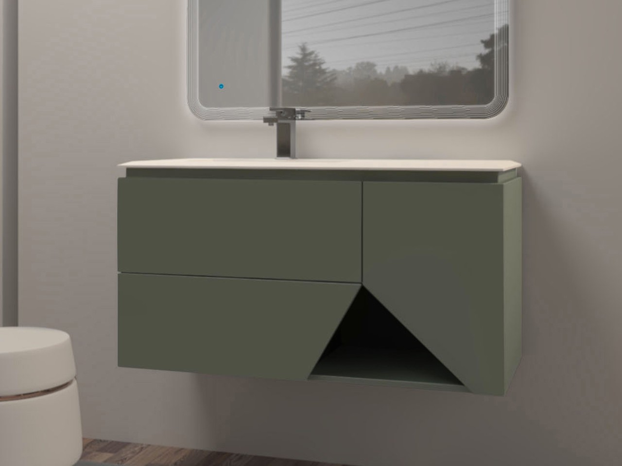 Mobile Bagno LUX L106 cm sospeso con 2 Cassetti, 1 Anta e Lavabo Unitop in Resina - finitura Verde Opaco-9018987