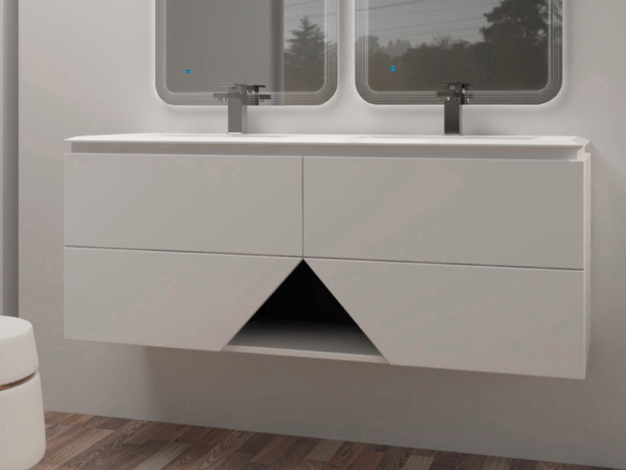 Mobile Bagno LUX L140 cm sospeso con 4 Cassetti e Lavabo Unitop Doppia Vasca in Resina - finitura Bianco Opaco-9018988