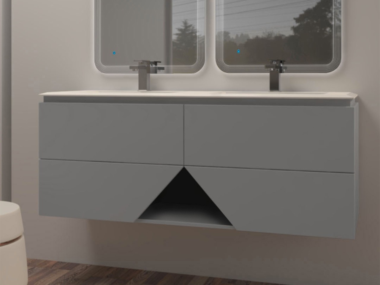 Mobile Bagno LUX L140 cm sospeso con 4 Cassetti e Lavabo Unitop Doppia Vasca in Resina - finitura Grigio Nuvola Opaco-9018991