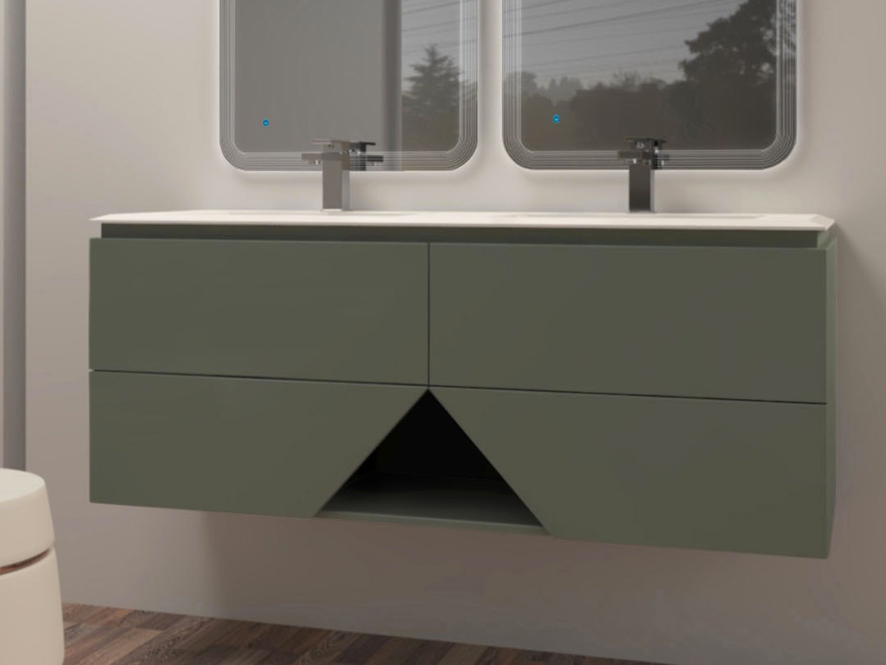 Mobile Bagno LUX L140 cm sospeso con 4 Cassetti e Lavabo Unitop Doppia Vasca in Resina - finitura Verde Opaco-9019002
