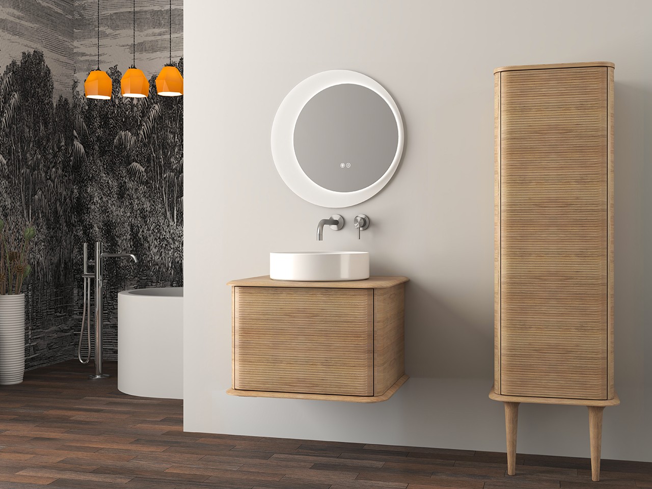 Mobile Bagno ATLAS L64 cm sospeso con 1 Cassetto e Toppino - finitura Rovere Tabacco Opaco-9019568