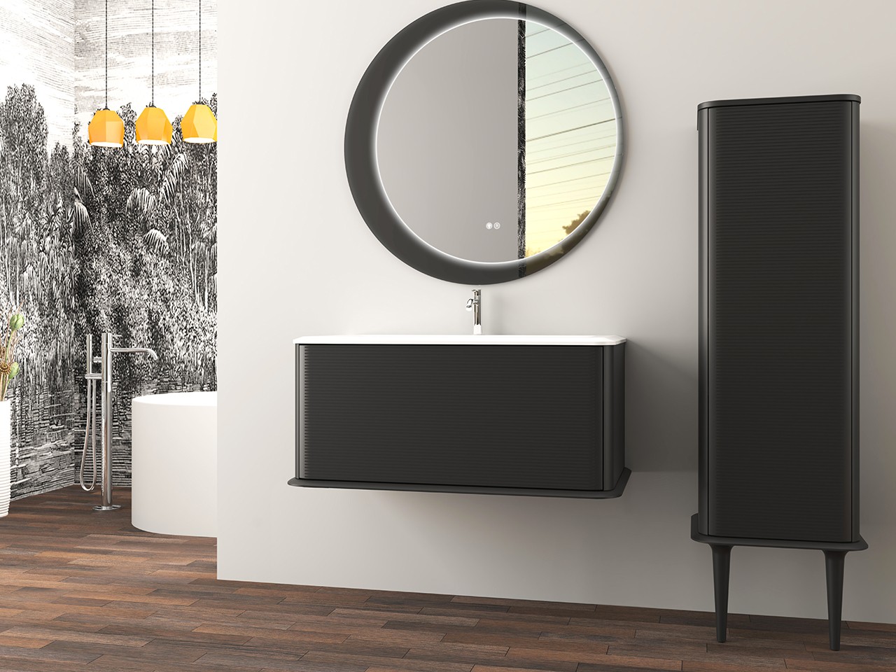 Mobile Bagno ATLAS L98 cm sospeso con 1 Cassetto e Lavabo Unitop in Resina - finitura Nero Opaco-9019596