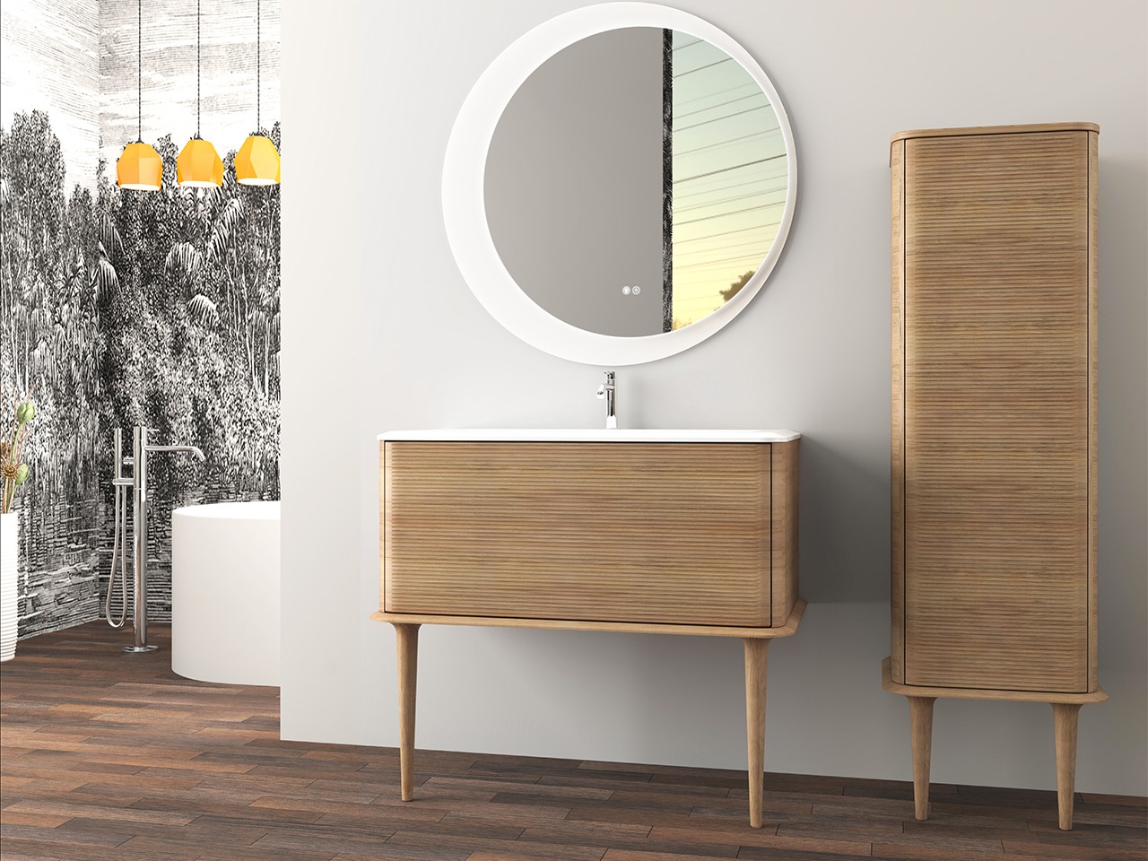 Mobile Bagno ATLAS L98 cm a terra con 1 Cassetto e Lavabo Unitop in Resina - finitura Rovere Tabacco Opaco-9019610