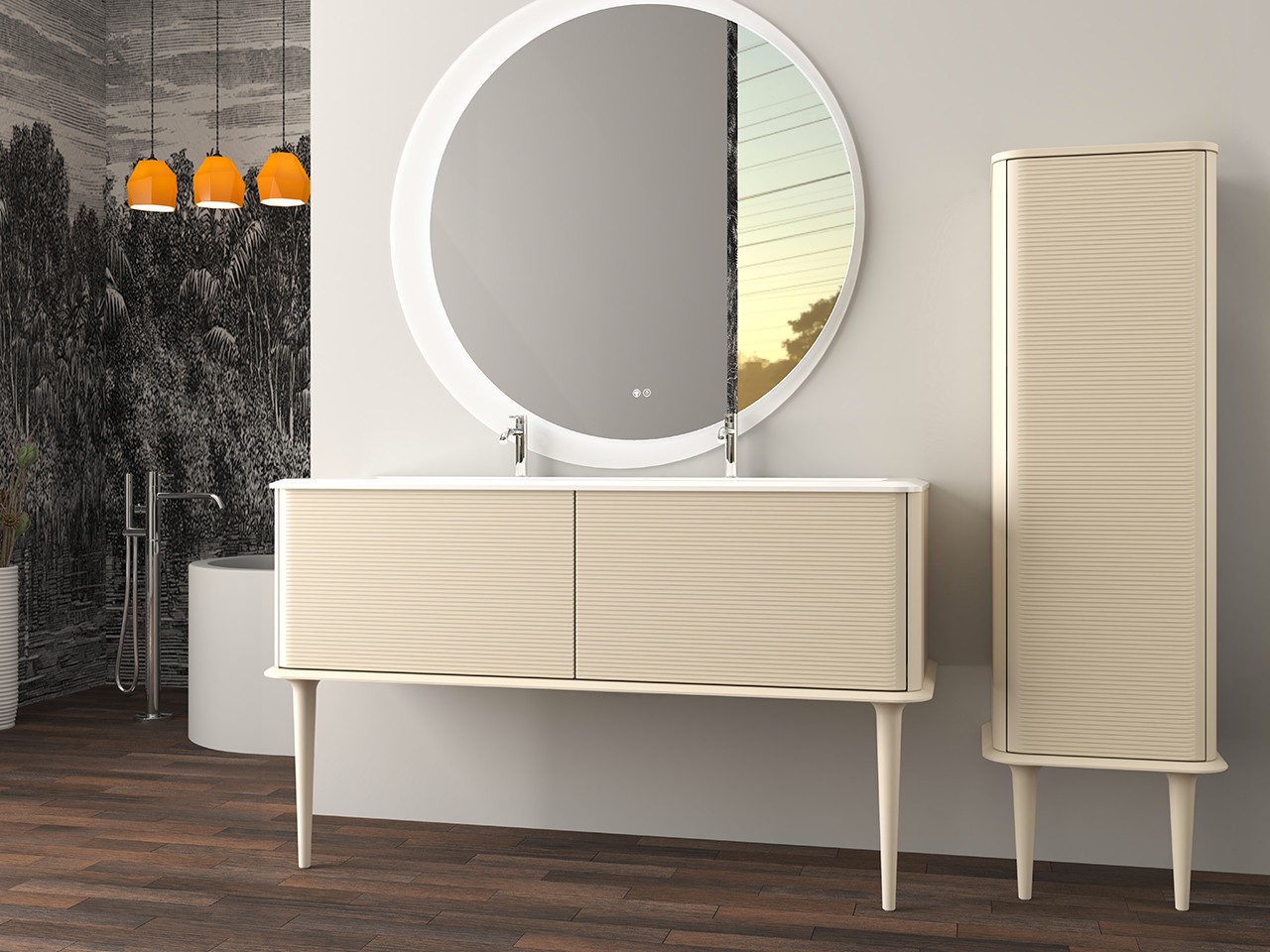 Mobile Bagno ATLAS L144 cm a terra con 2 Cassetti e Lavabo Unitop in Resina - finitura Cotone Opaco-9019631