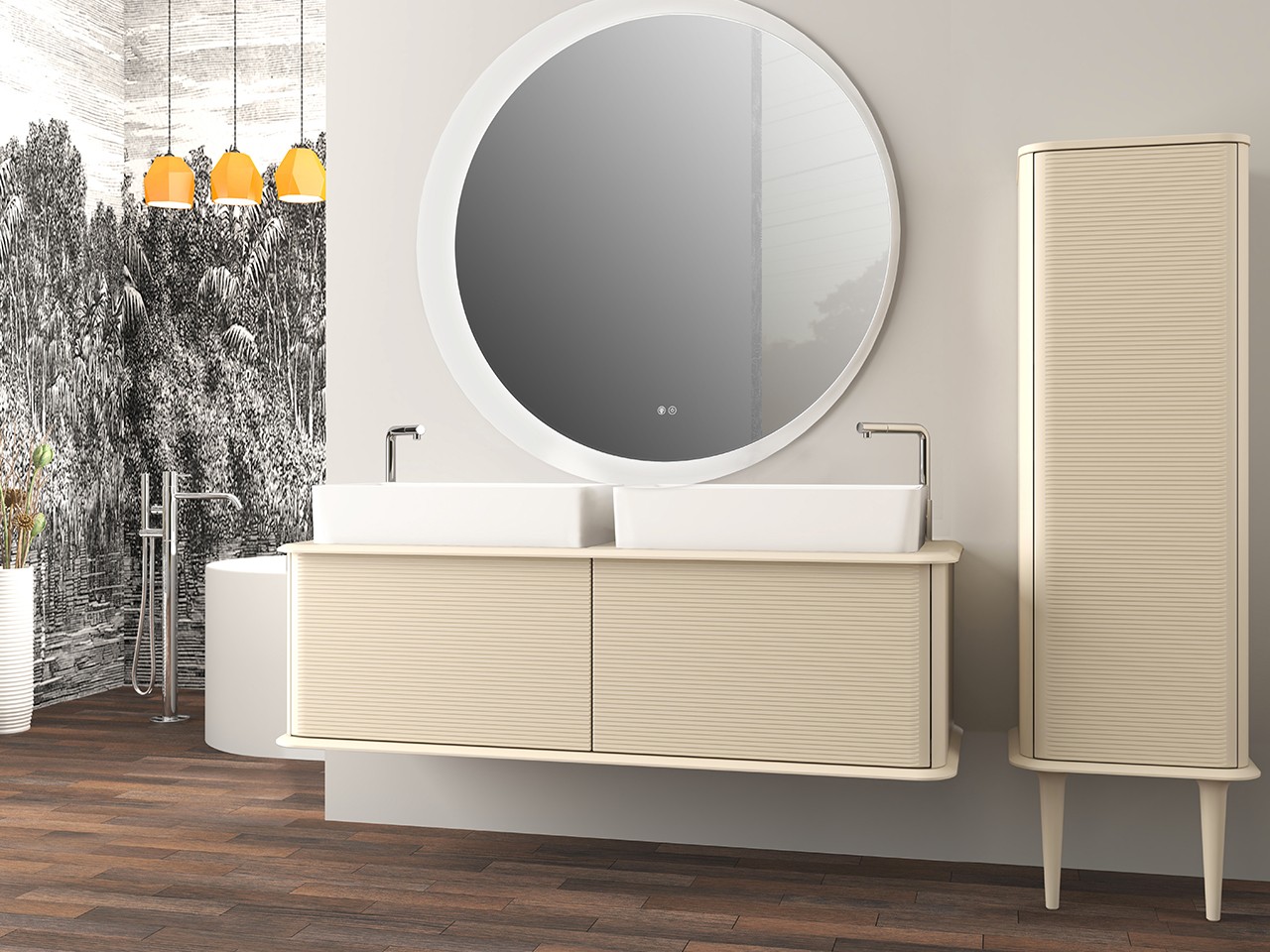 Mobile Bagno ATLAS L144 cm sospeso con 2 Cassetti e Toppino - finitura Cotone Opaco-9019613
