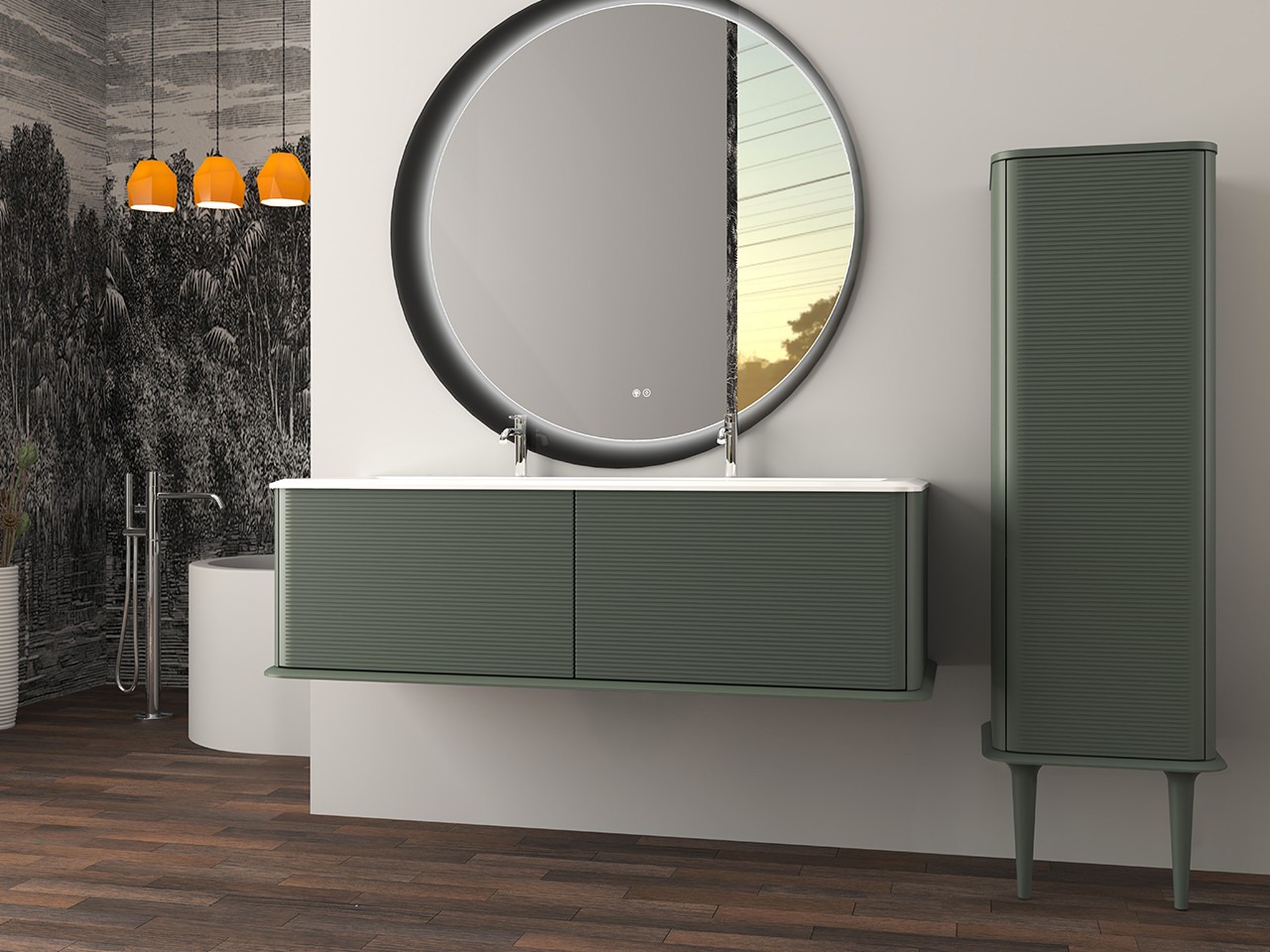 Mobile Bagno ATLAS L144 cm sospeso con 2 Cassetti e Lavabo Unitop in Resina - finitura Verde Opaco-9019623