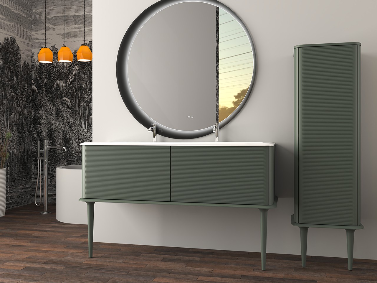 Mobile Bagno ATLAS L144 cm a terra con 2 Cassetti e Lavabo Unitop in Resina - finitura Verde Opaco-9019635