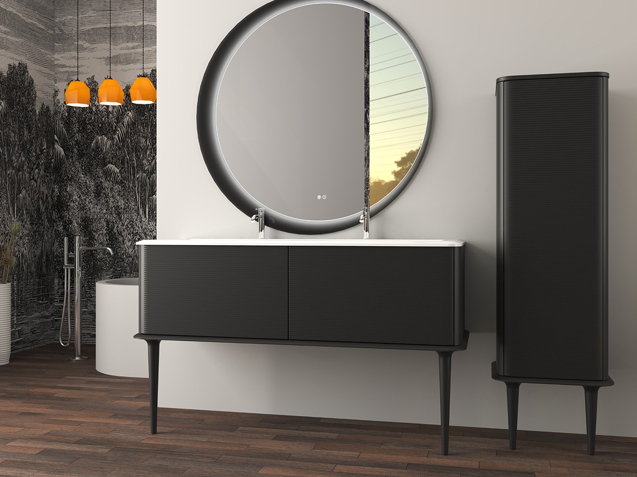 Mobile Bagno ATLAS L144 cm a terra con 2 Cassetti e Lavabo Unitop in Resina - finitura Nero Opaco-9019632