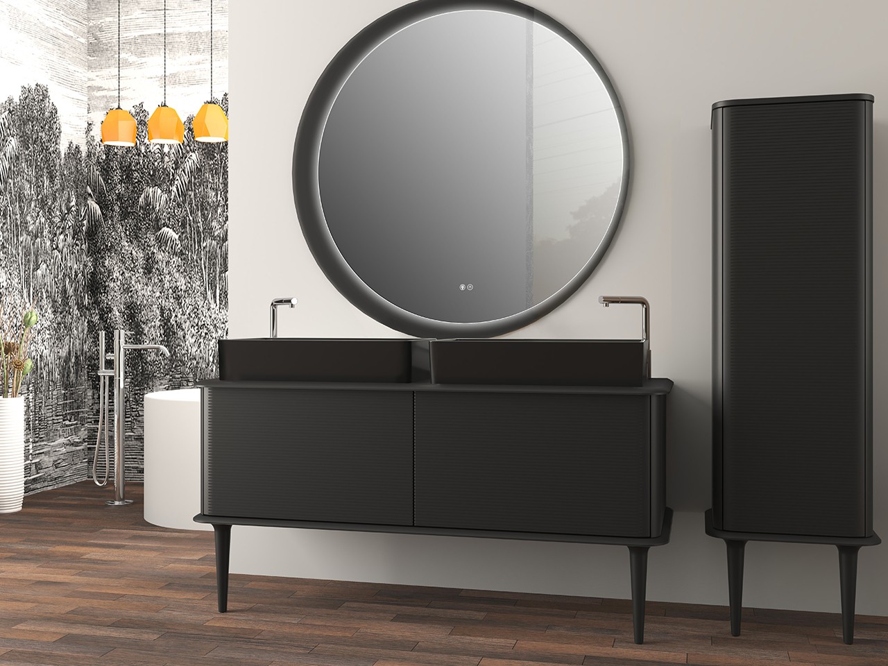 Mobile Bagno ATLAS L144 cm a terra con 2 Cassetti e Toppino - finitura Nero Opaco-9019626