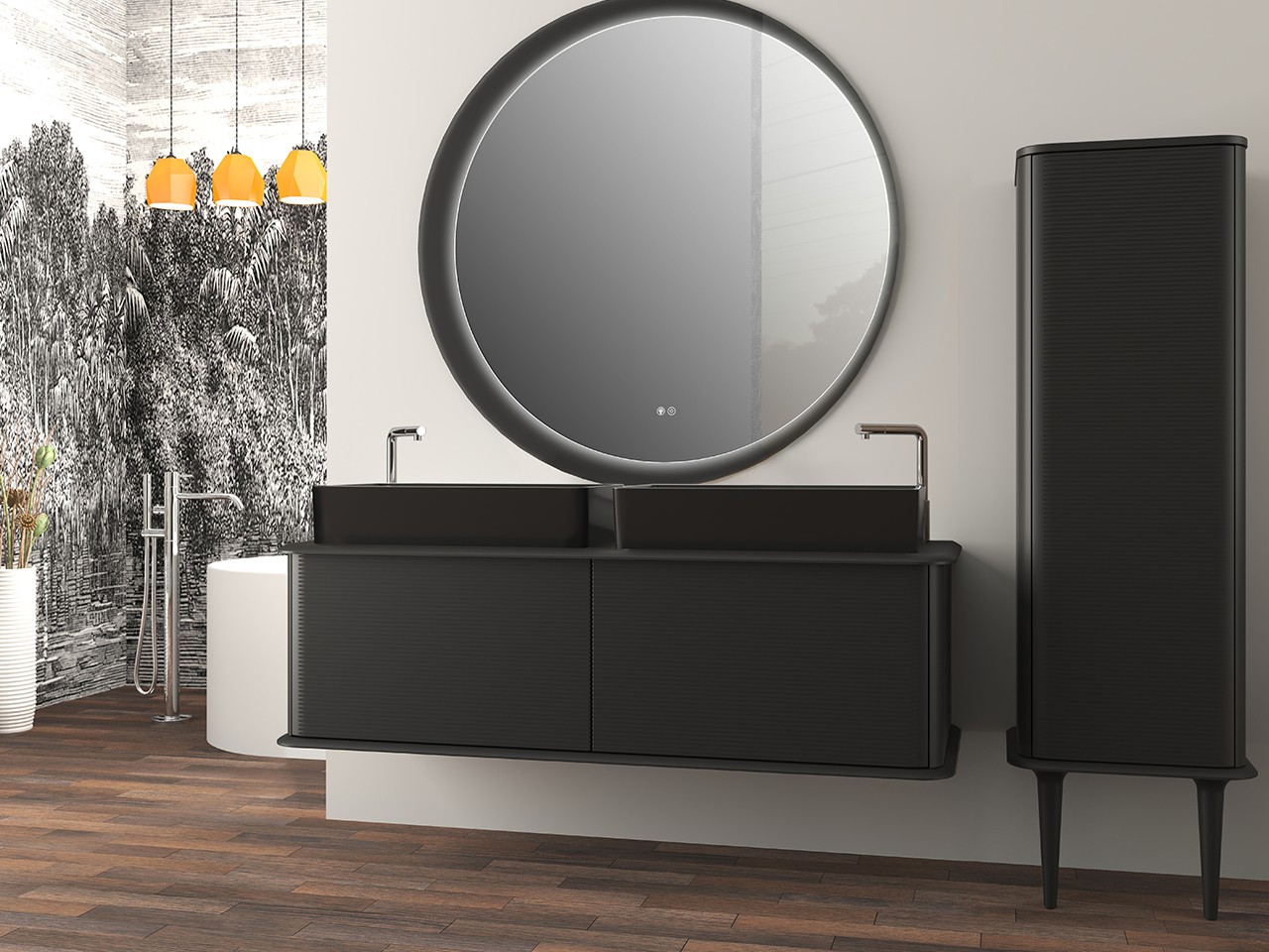 Mobile Bagno ATLAS L144 cm sospeso con 2 Cassetti e Toppino - finitura Nero Opaco-9019614