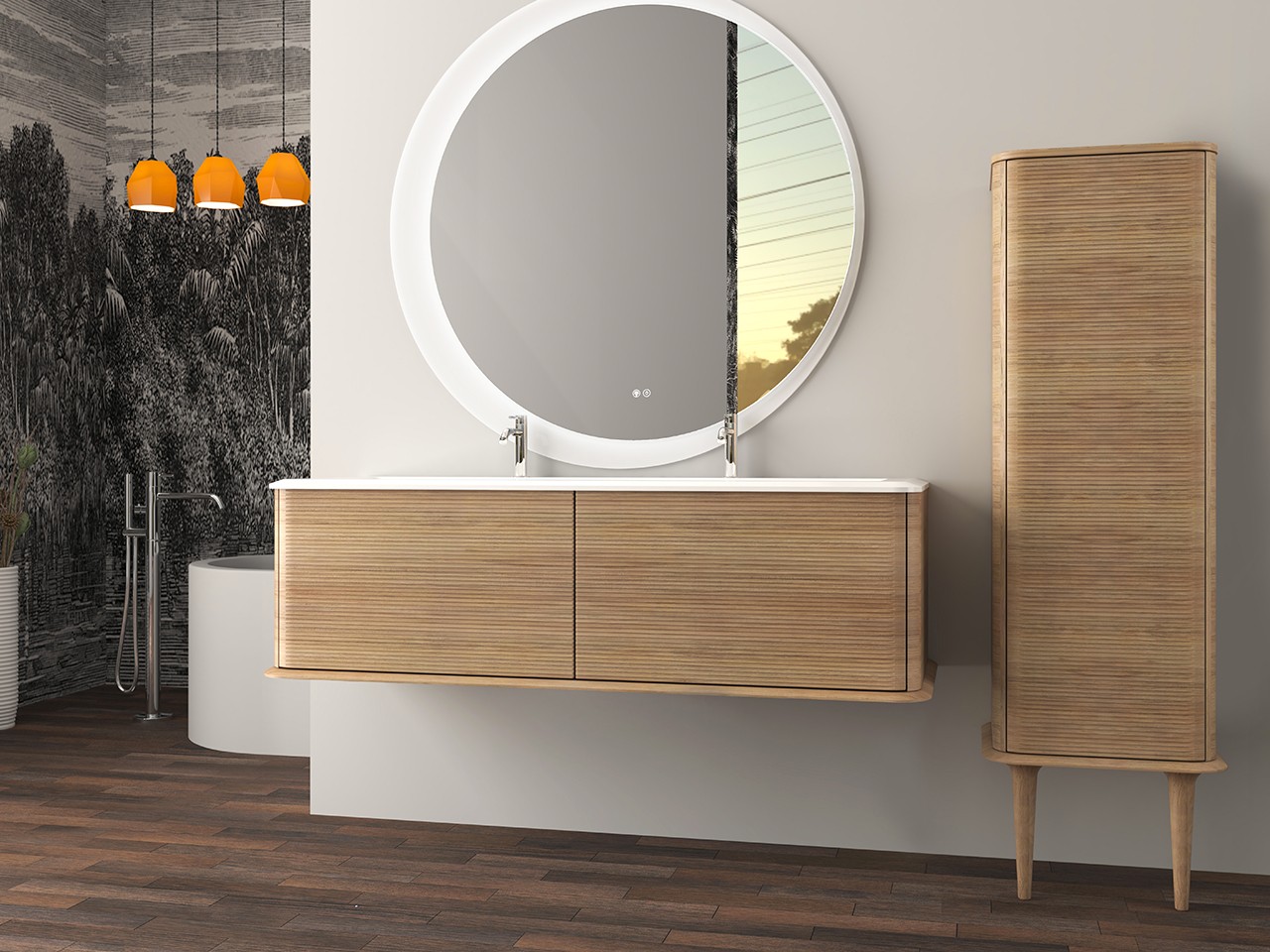Mobile Bagno ATLAS L144 cm sospeso con 2 Cassetti e Lavabo Unitop in Resina - finitura Rovere Tabacco Opaco-9019622