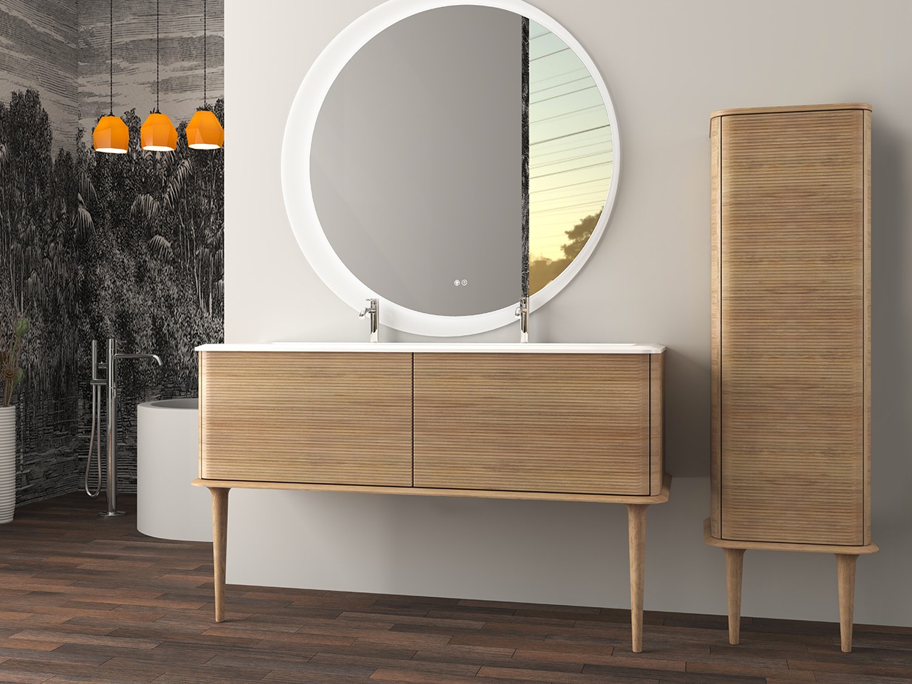 Mobile Bagno ATLAS L144 cm a terra con 2 Cassetti e Lavabo Unitop in Resina - finitura Rovere Tabacco Opaco-9019634