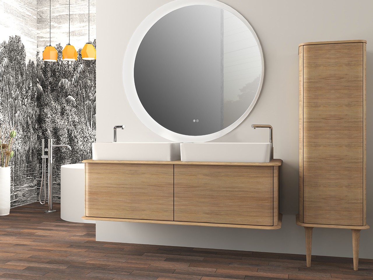 Mobile Bagno ATLAS L144 cm sospeso con 2 Cassetti e Toppino - finitura Rovere Tabacco Opaco-9019616