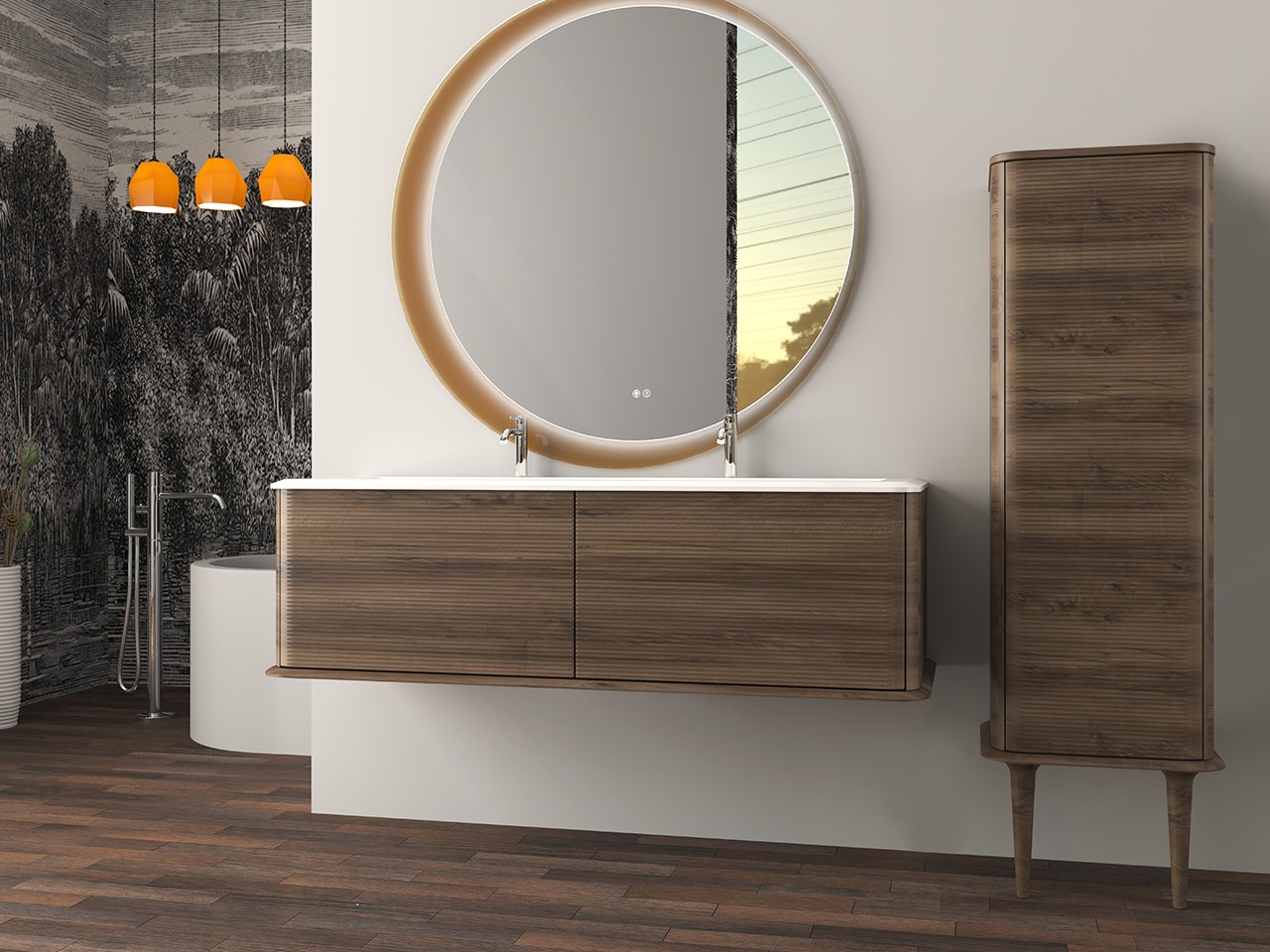 Mobile Bagno ATLAS L144 cm sospeso con 2 Cassetti e Lavabo Unitop in Resina - finitura Noce Opaco-9019621