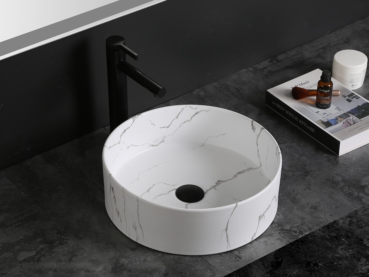 Lavabo da Appoggio Sesia Ø39,5xH11,5 in Ceramica effetto Marmo Statuario Bianco Opaco-75602