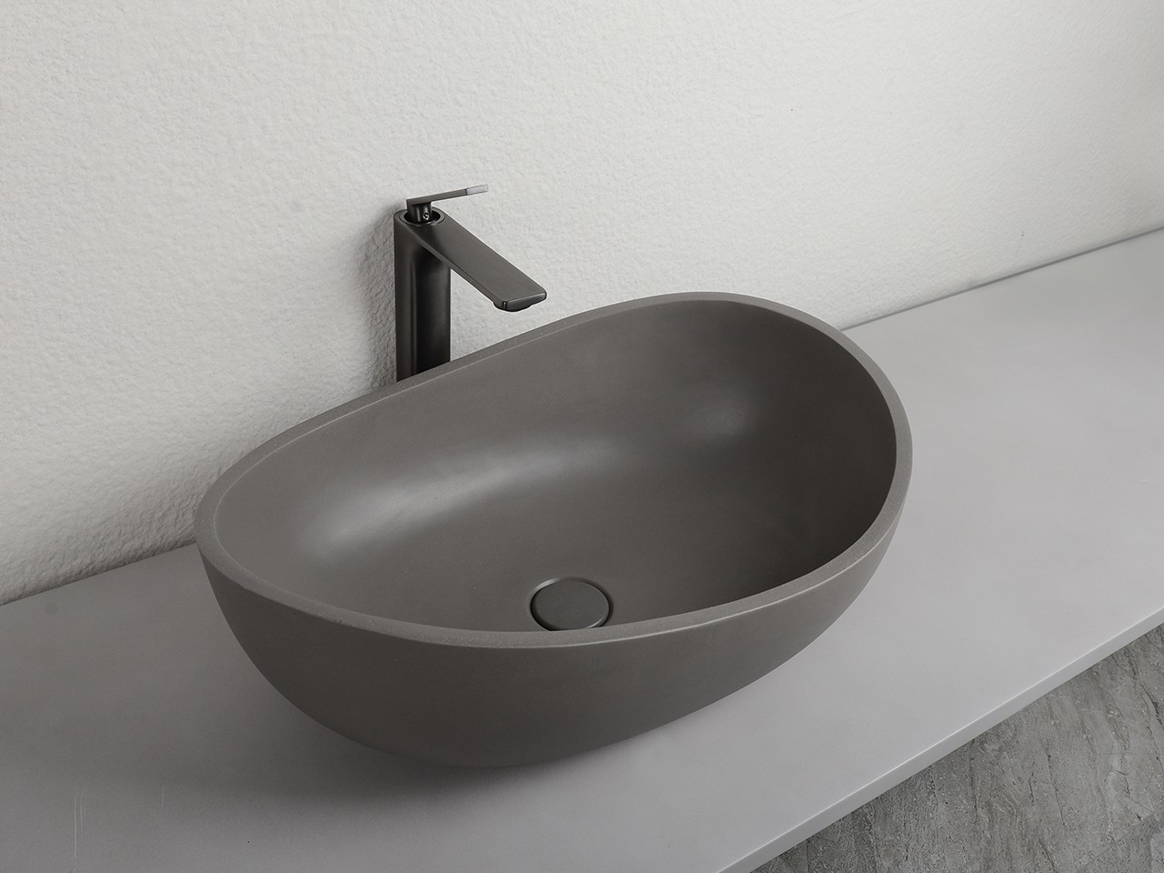 Lavabo da Appoggio Cement 57x37xH20 cm in Resina e Cemento finitura Grigio Naturale-76304