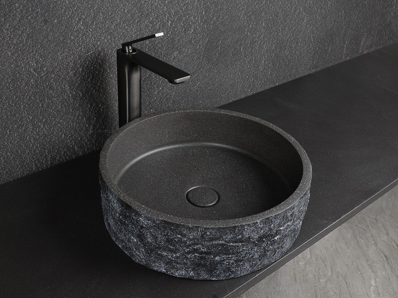 Lavabo da Appoggio Roughstone Ø40xH12 cm in Resina e Cemento finitura Granito Scuro-76308