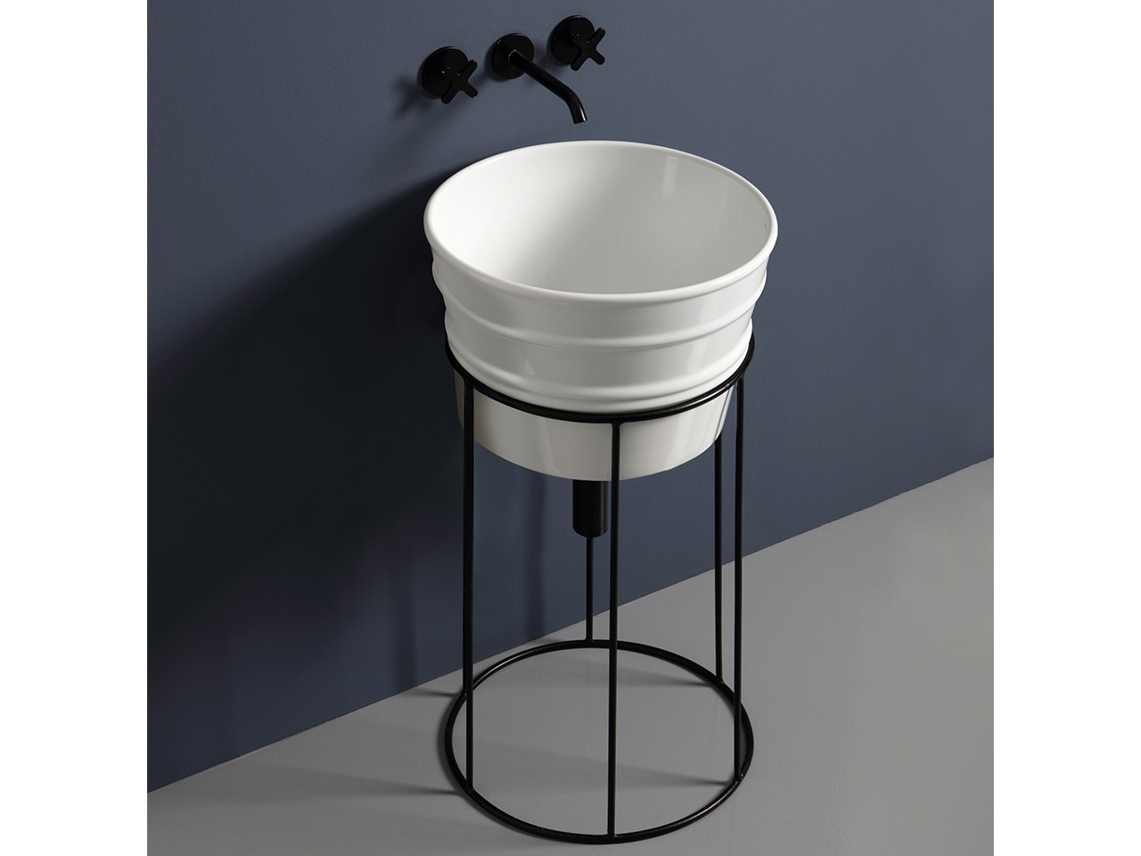 Mobile Bagno Bacile Lavabo Bianco Lucido e Supporto Metallo Nero Opaco-76910