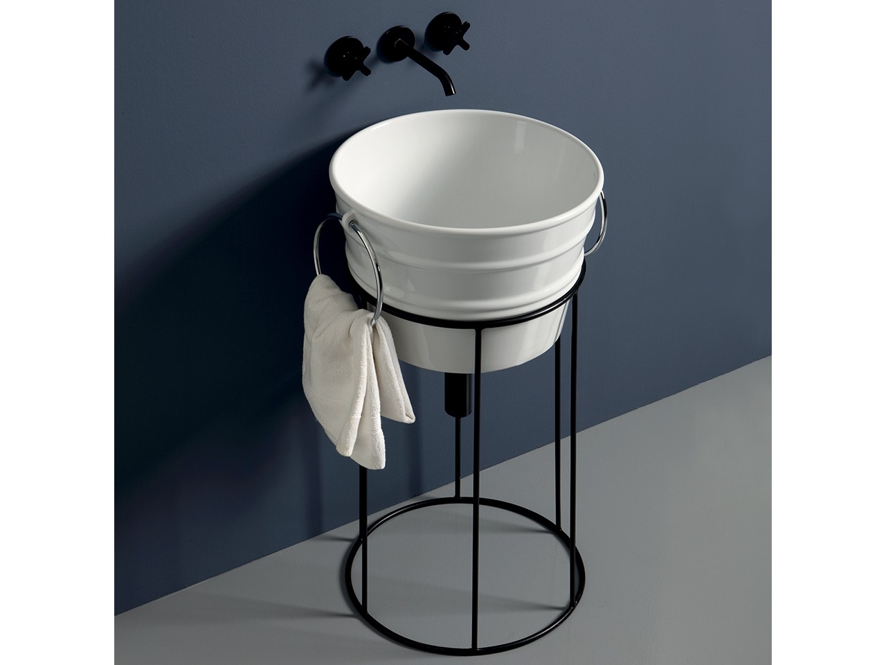Mobile Bagno Bacile Lavabo Bianco Lucido con Anelli e Supporto Metallo Nero Opaco-76911
