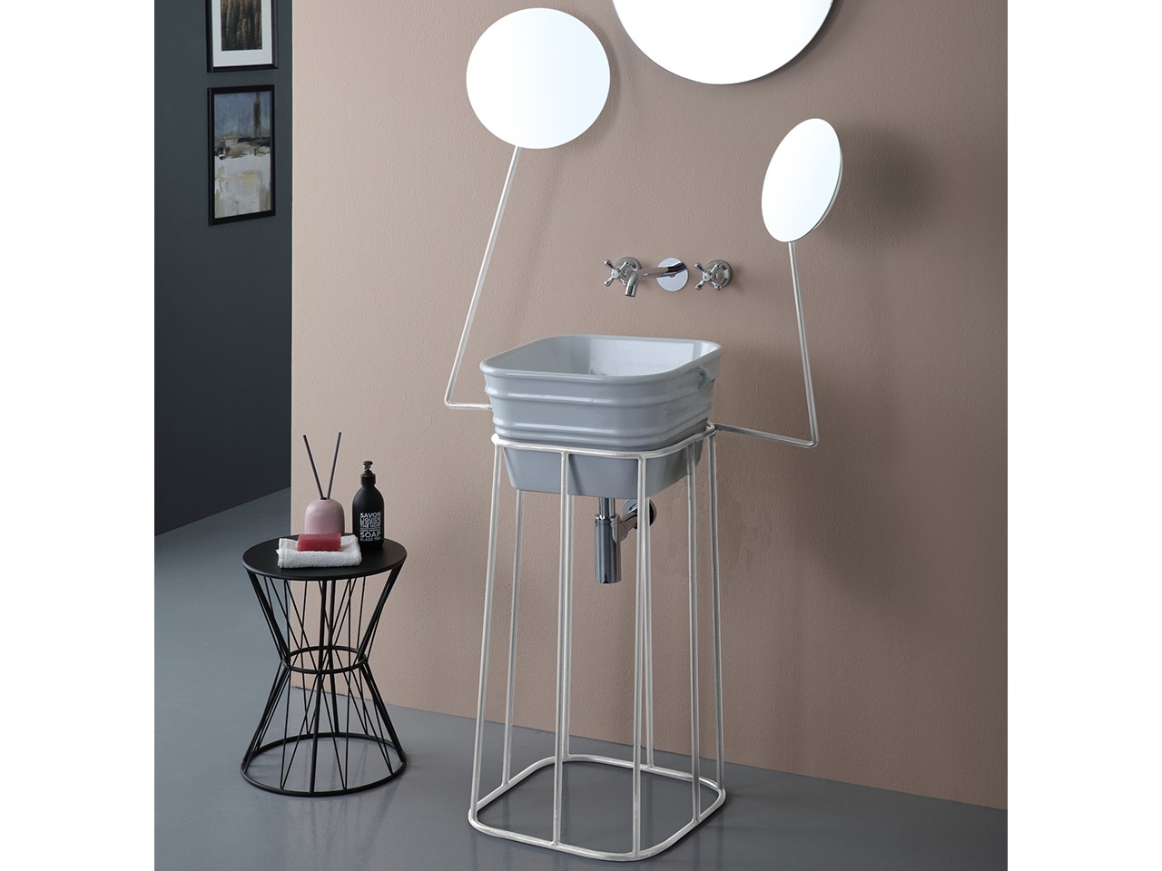 Mobile Bagno Bacile Qubo Lavabo Bianco Lucido e Supporto Metallo Bianco Opaco-76912
