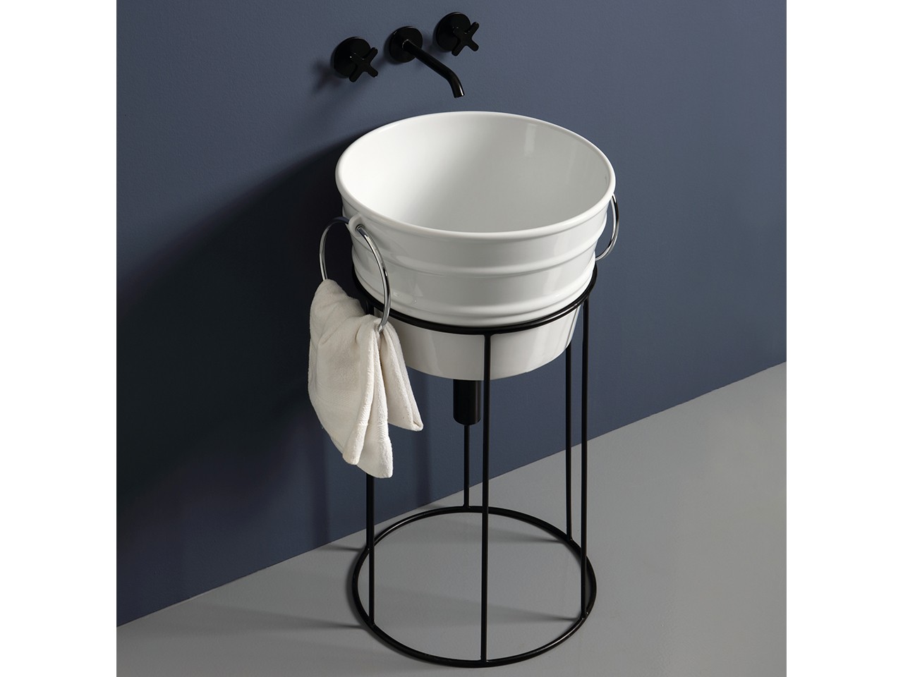 Mobile Bagno Bacile Midi Lavabo Bianco Lucido con Anelli e Supporto Metallo Nero Opaco-76917