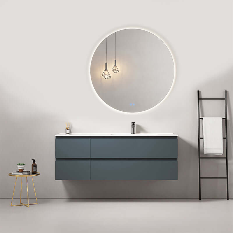 Mobile bagno sospeso 140 cm Blu Mare Lavabo a Destra in Resina Specchio Tondo Retroilluminato - Fiji Paint