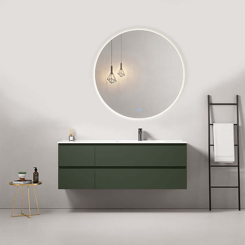 Mobile bagno sospeso 140 cm Verde Comodoro Lavabo a Destra in Resina Specchio Tondo Retroilluminato - Fiji Paint
