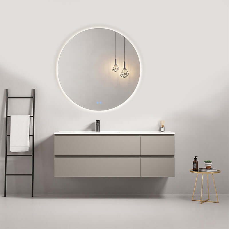 Mobile bagno sospeso 140 cm Grigio Cenere Lavabo a Sinistra in Resina Specchio Tondo Retroilluminato - Fiji Paint