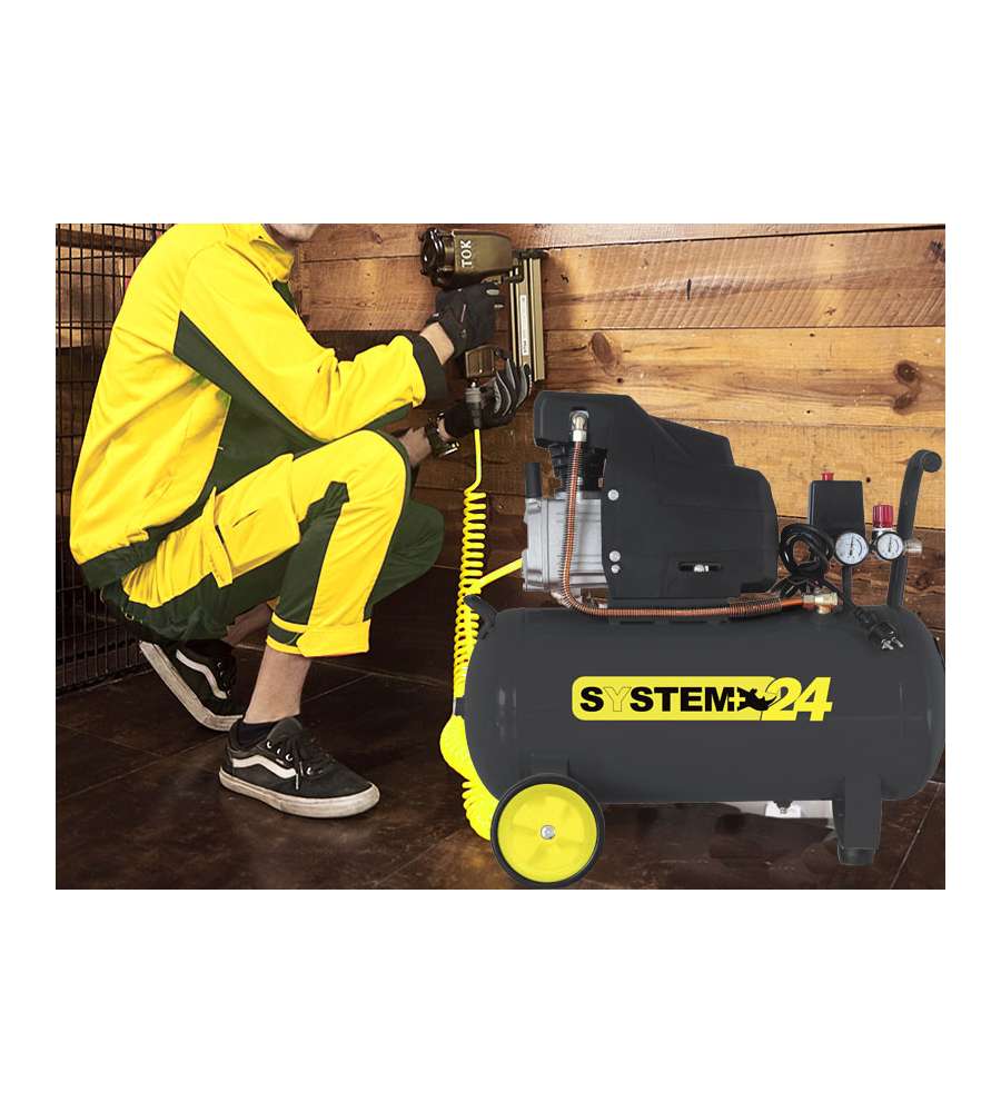 System+ Compressore Lubrificato a Olio 24Lt - Nero/Giallo - 1.5 kW, 2 Hp