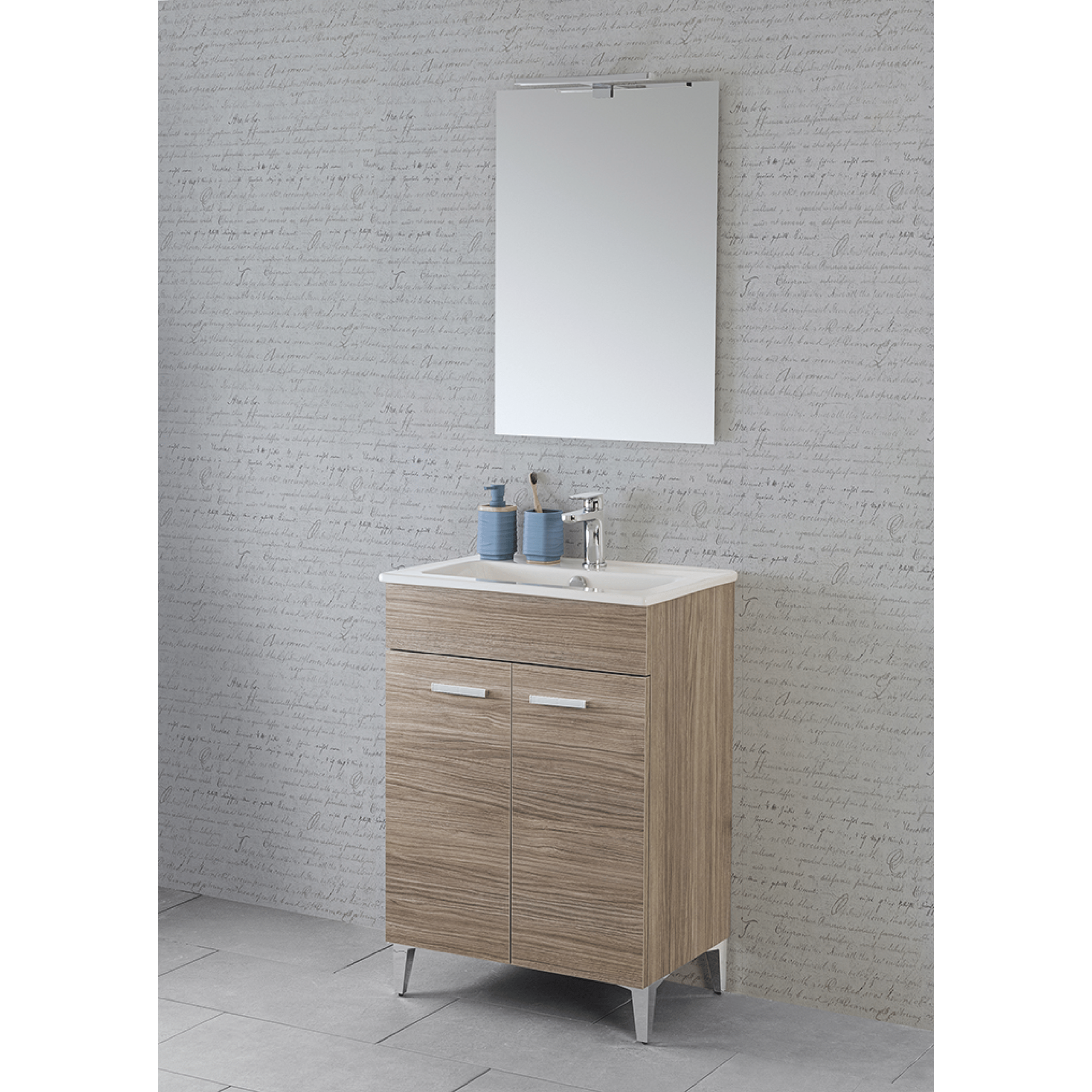 Mobili Bagno a Terra 60 Cm Due Ante Specchio Con Lampada Led 50x70 Cm Feridras "Greta" Rovere Tropea