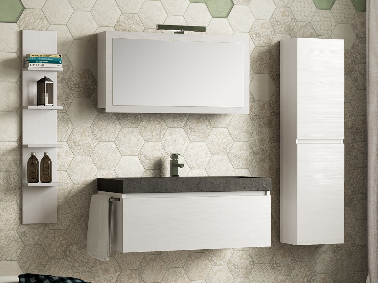 Mobile Bagno Qubo 100 cm 1 Cassetto Bianco Matrix con Lavabo Pietra-9008928